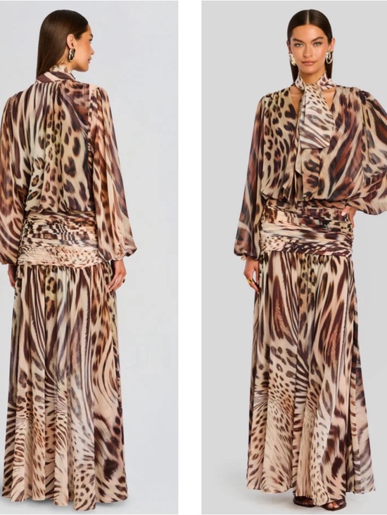 RETROFETE Opaline Long Sleeve Animal Print Ruched Draped Neck Maxi Dress Sz XS - Picture 3 of 9